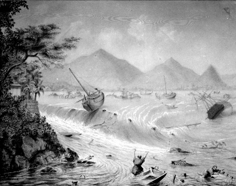モジャエスキーの絵図、津波来襲前時の下田港【ロシア海軍博物館蔵】